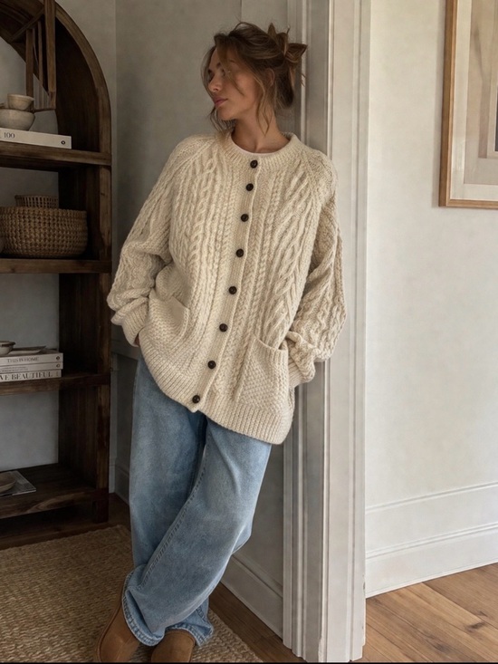 Vintage Sweaters - Chunky 100% Wool Cable Knit Cardigan Fisherman Cream Oversized